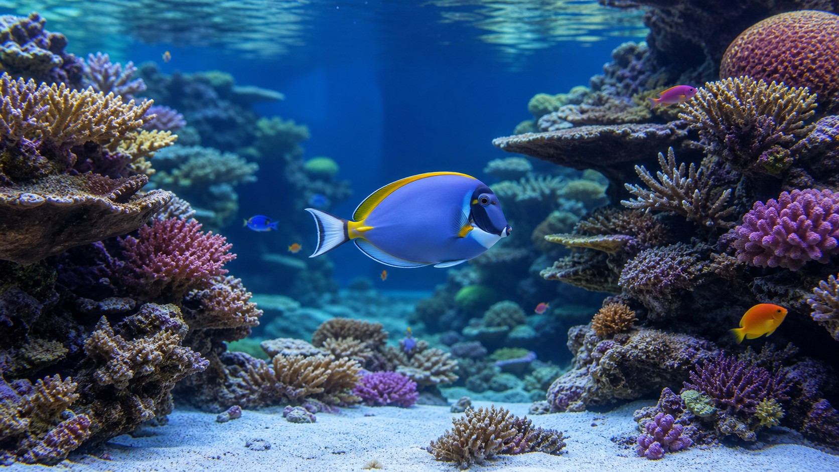 Reef-safe showpiece fish in a mature coral aquarium for Best Centerpiece Fish for Reef Tanks