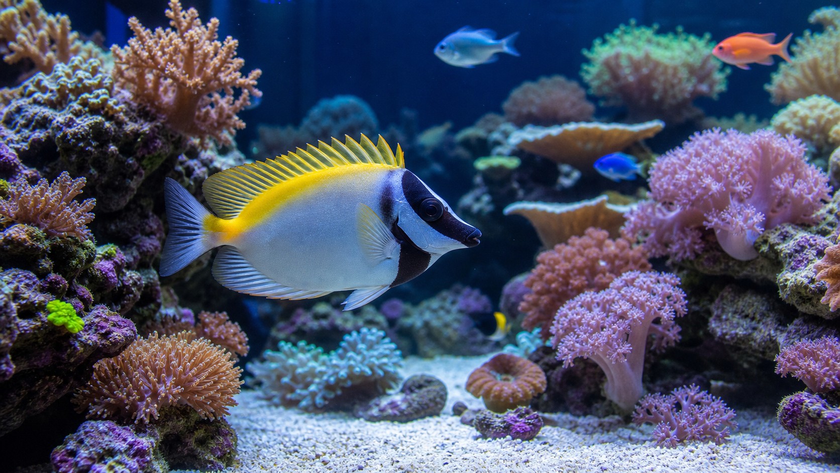 Reef-safe showpiece fish in a mature coral aquarium for Best Reef-Safe Fish That Become the Centerpiece of Your Aquarium