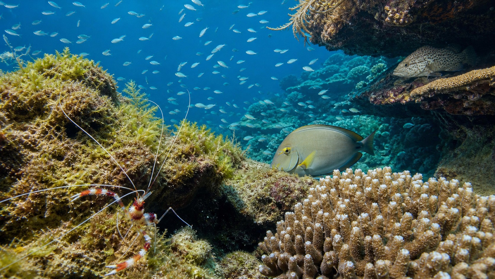 Editorial underwater reef scene for Coral Reef Food Web Explained for Beginners
