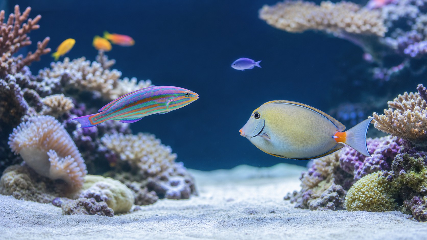 Reef-safe showpiece fish in a mature coral aquarium for Most Beautiful Reef-Safe Fish You Can Keep
