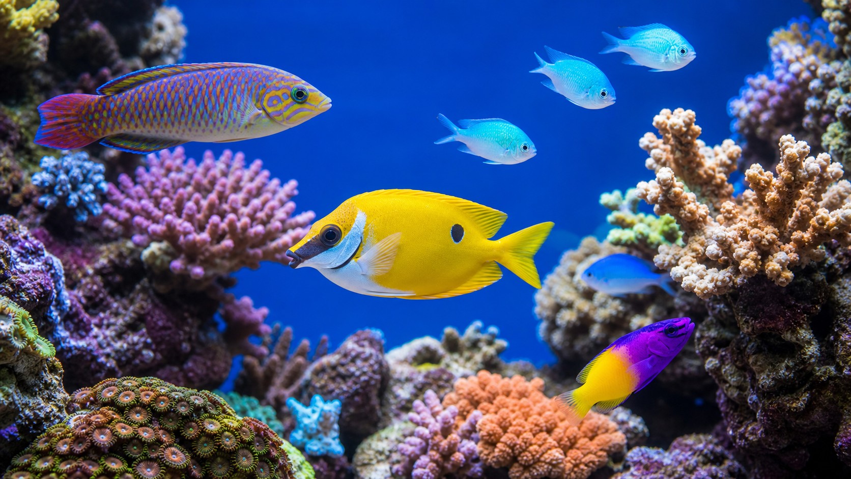 Reef-safe showpiece fish in a mature coral aquarium for Reef-Safe Fish With the Brightest Colors