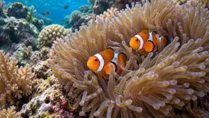 Clownfish pair swimming among sea anemone tentacles