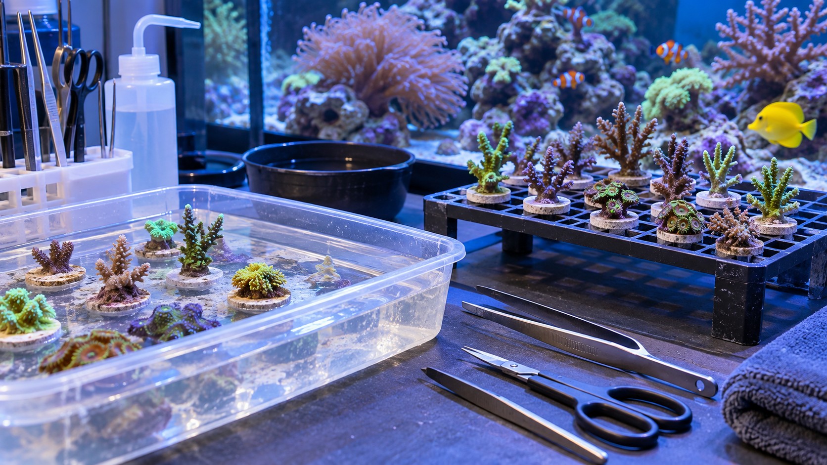 Coral frags on plugs and frag rack in a clean reef aquarium workspace