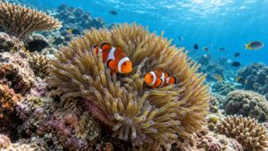 Clownfish pair sheltering in a healthy sea anemone on a reef