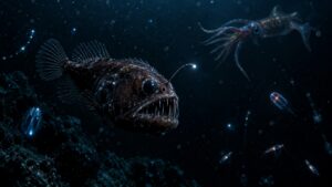 Deep-sea predator with bioluminescent lure and small glowing prey in dark water