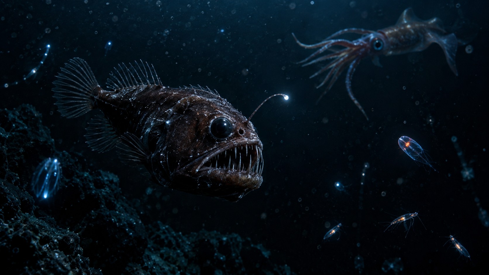Deep-sea predator with bioluminescent lure and small glowing prey in dark water