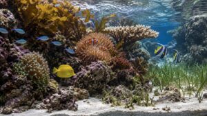 Realistic ocean biotope aquarium with rock, sand, macroalgae, and reef fish