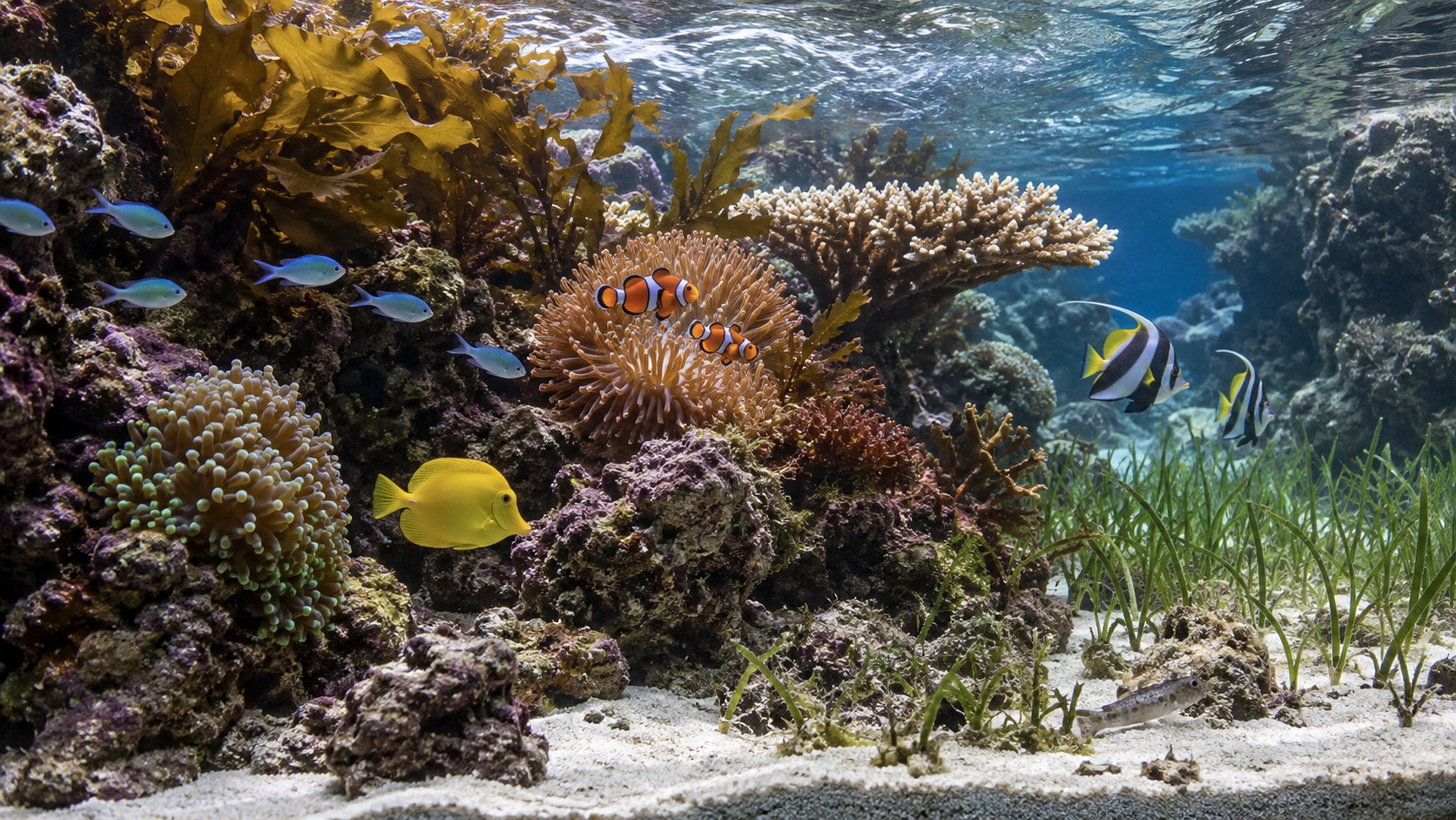 Realistic ocean biotope aquarium with rock, sand, macroalgae, and reef fish