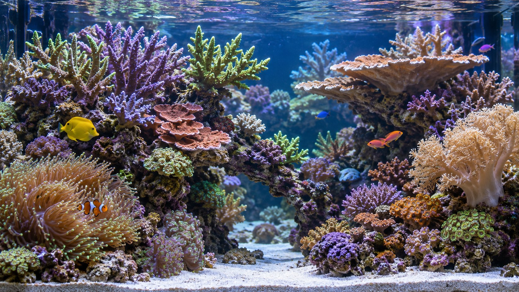 Mature coral garden aquarium with colorful reef aquascape