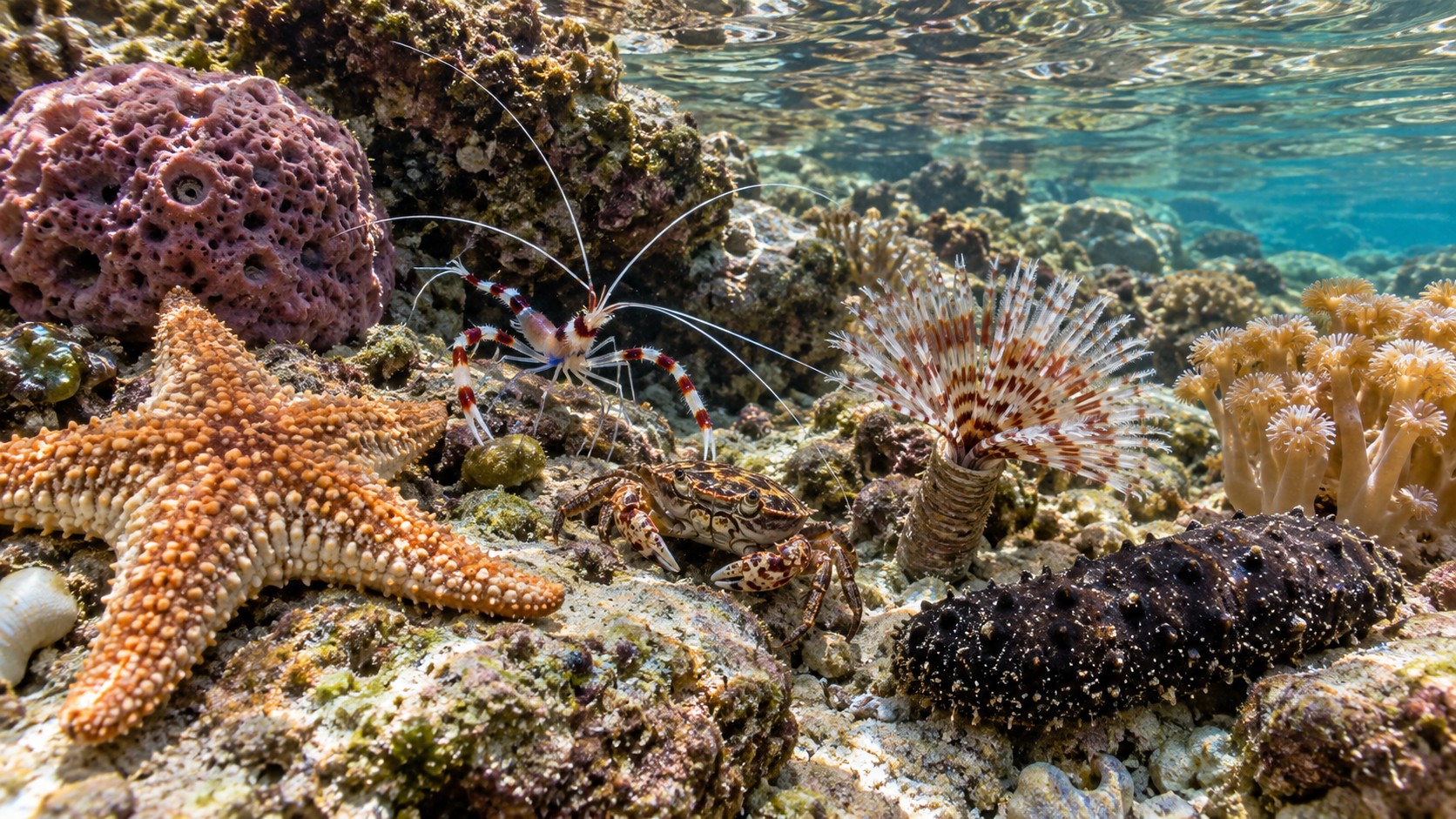 Sea star, shrimp, crab, feather duster worm, sponge, and sea cucumber in shallow reef water