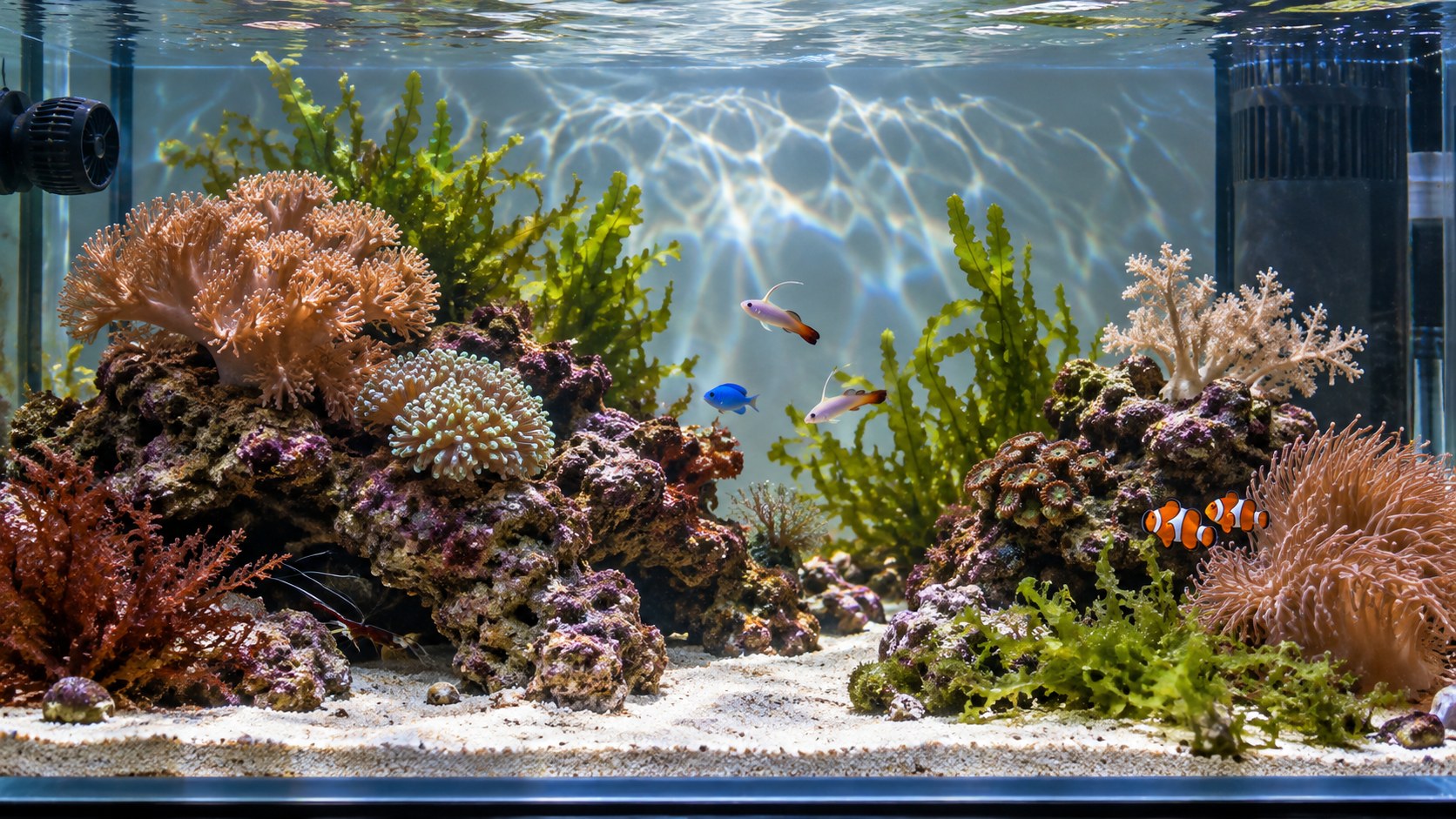 Beginner ocean biotope aquarium with macroalgae, live rock, soft corals, and small fish