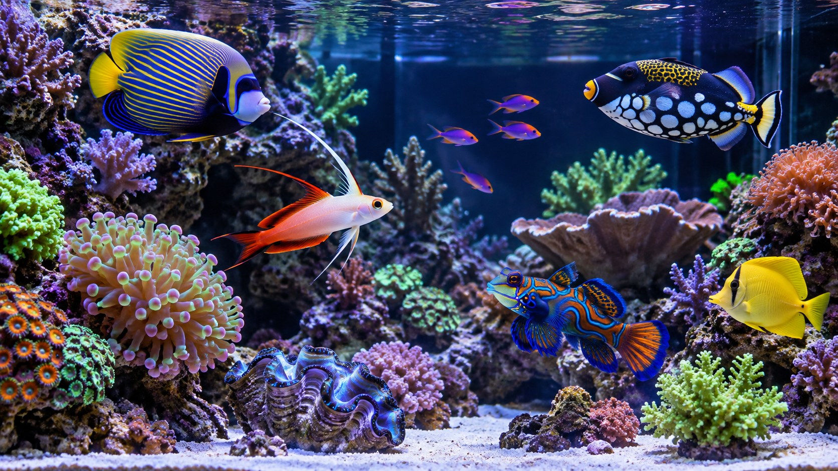 Dream rare marine fish swimming in pristine reef aquarium