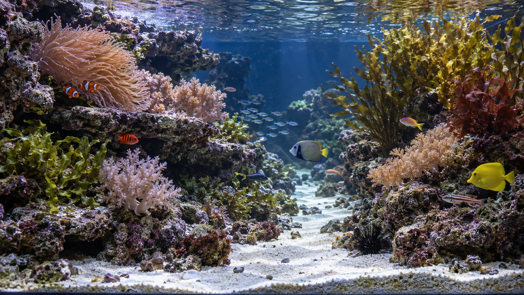 Oceanic biotope aquarium aquascape with natural rock ledges and compatible reef fish