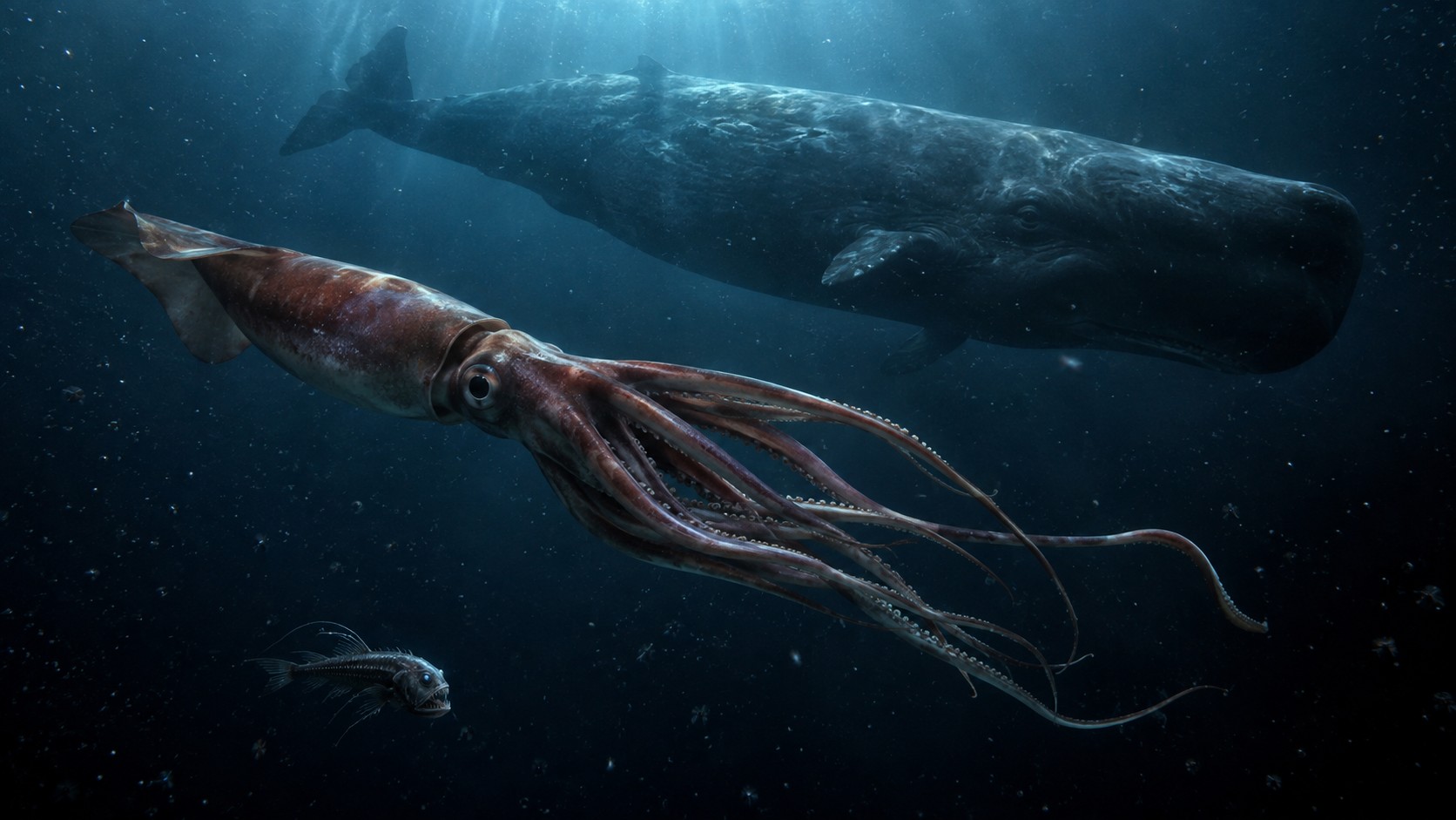Sperm whale and giant squid in dark deep ocean water with small fish for scale