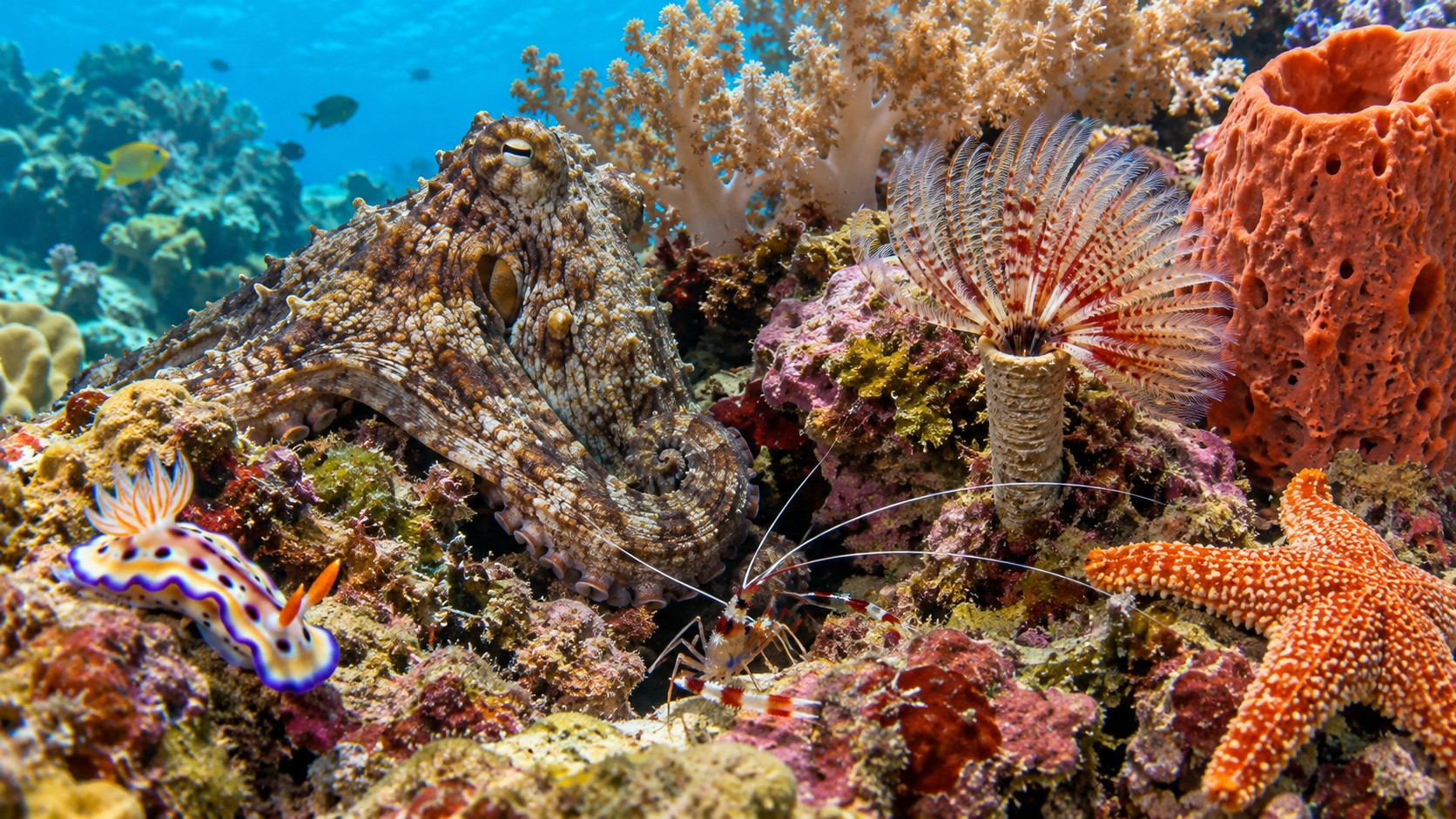 Octopus, nudibranch, shrimp, sea star, tube worm, and sponge in a colorful reef scene