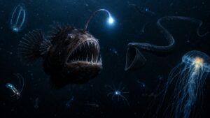 Deep-sea anglerfish, jellyfish, and eel-like animals in dark bioluminescent water