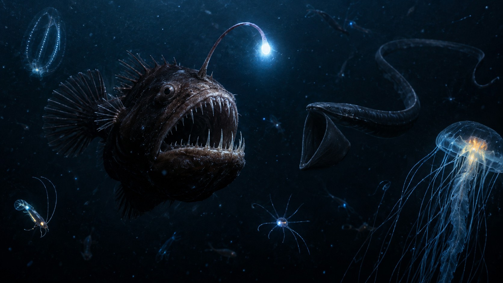 Deep-sea anglerfish, jellyfish, and eel-like animals in dark bioluminescent water