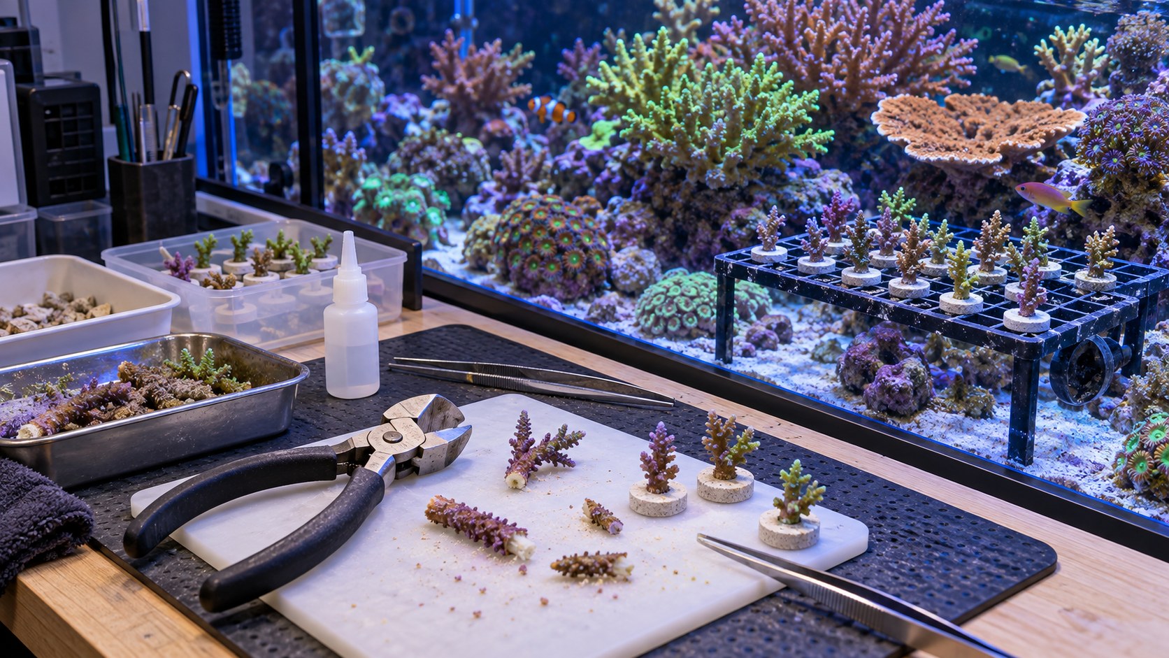 Coral fragging workstation with frag plugs and healthy reef corals
