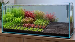 Dutch aquarium being planted in organized foreground and stem beds with aquascaping tools beside the glass