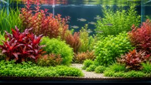 Beginner Dutch-style planted aquarium with orderly green and red plant groups and a school of small silver fish