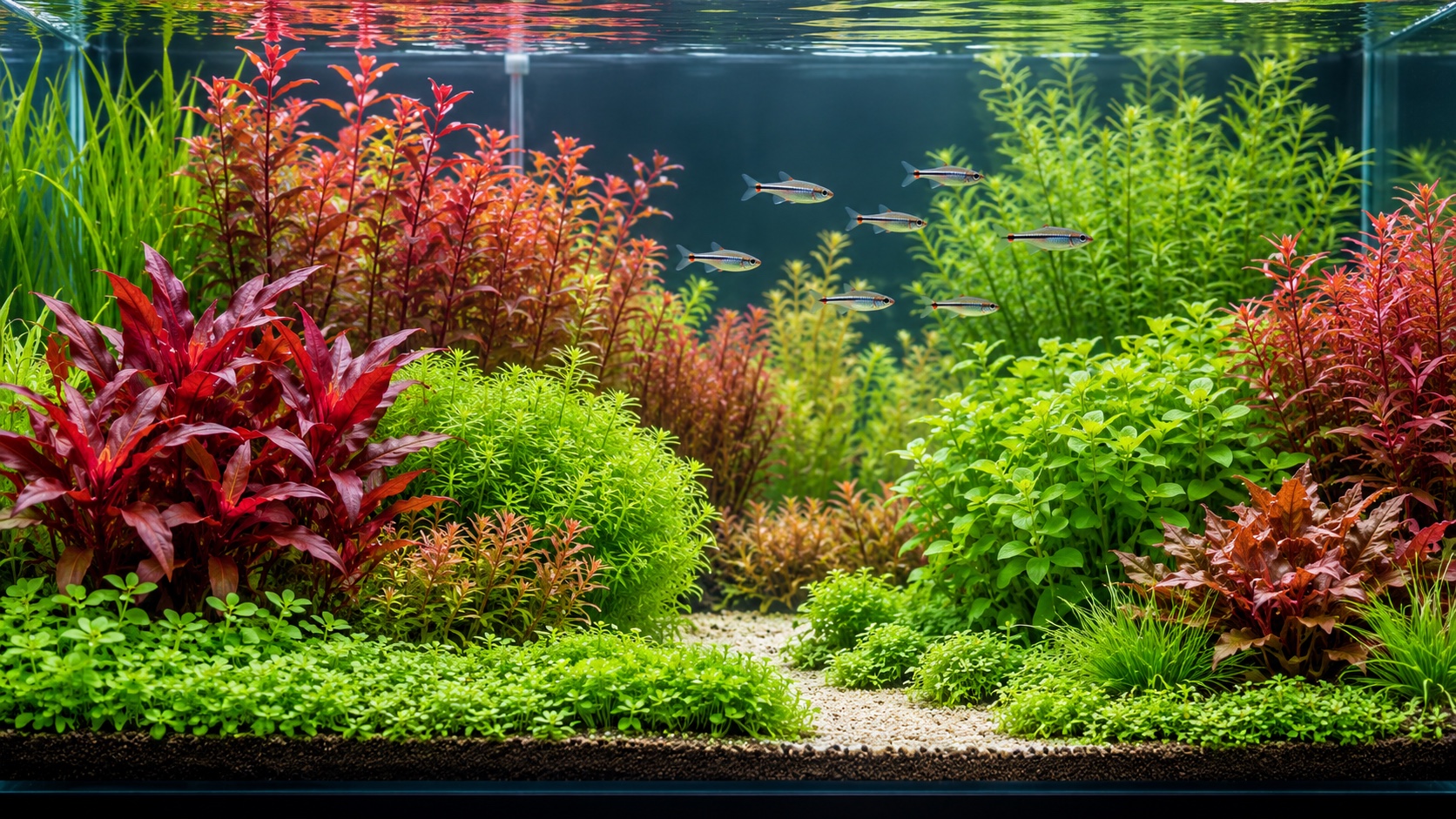 Beginner Dutch-style planted aquarium with orderly green and red plant groups and a school of small silver fish