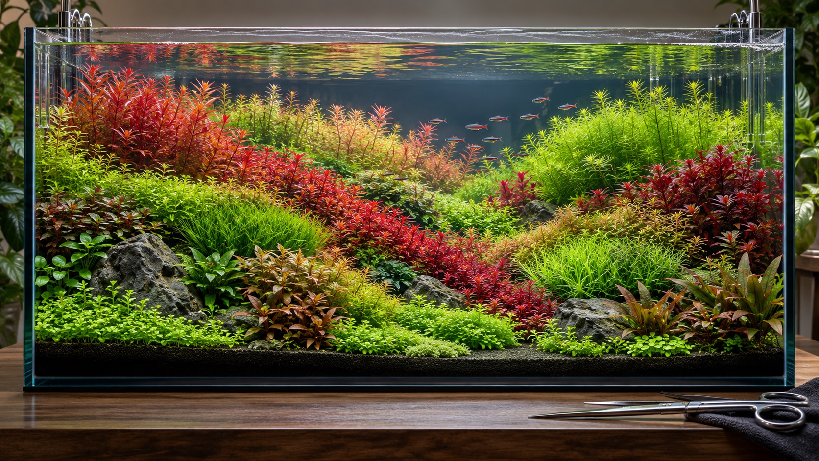 Mature Dutch-style aquarium with terraced red and green plant beds, a diagonal plant street and aquascaping scissors