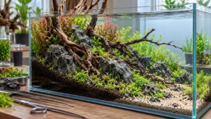 Nature-style aquascape under construction with sloped soil, dark rocks, branching wood and newly planted stems