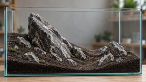 Dry Iwagumi aquascape layout with angular gray stones arranged in sloped dark substrate before planting