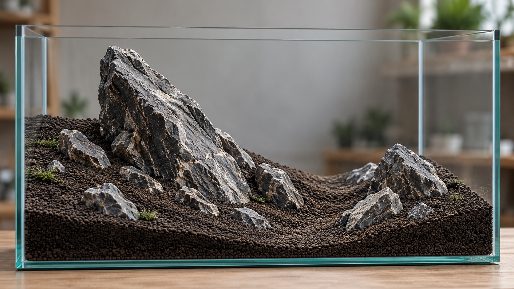 Dry Iwagumi aquascape layout with angular gray stones arranged in sloped dark substrate before planting