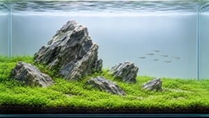 Finished beginner Iwagumi aquascape with one dominant stone group, low green carpet and open swimming space
