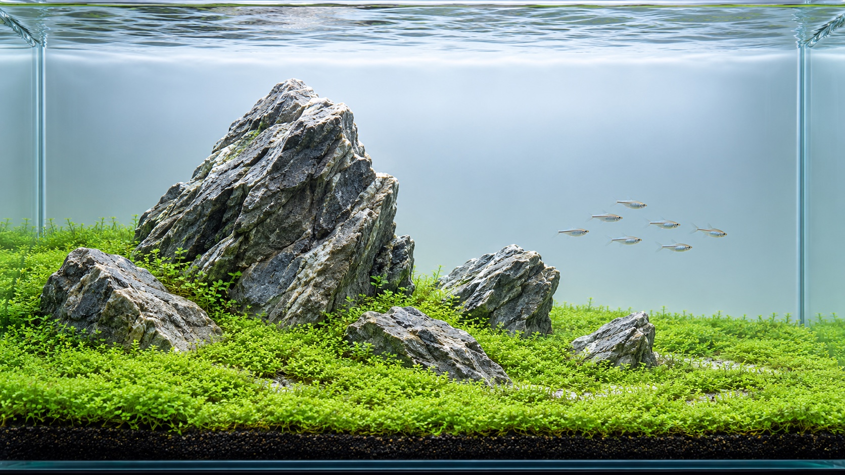 Finished beginner Iwagumi aquascape with one dominant stone group, low green carpet and open swimming space