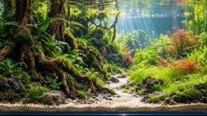 Wide freshwater aquascape with a shaded root bank, open sand path, planted meadow and small schooling fish