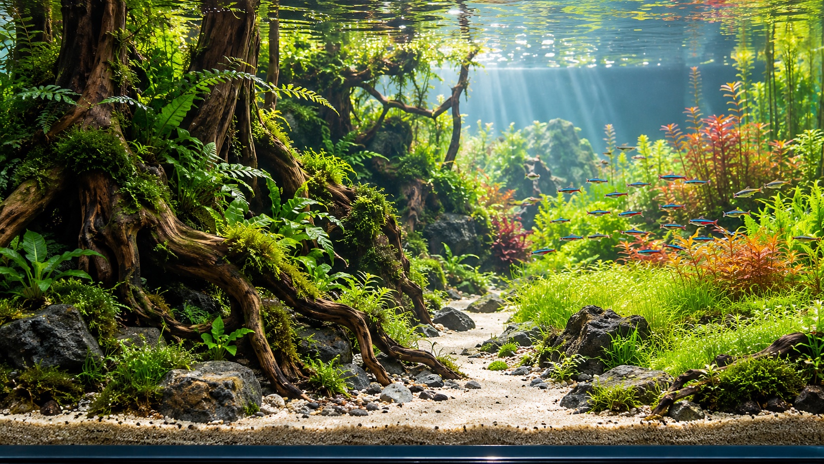 Wide freshwater aquascape with a shaded root bank, open sand path, planted meadow and small schooling fish