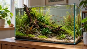 Beginner-friendly planted nature aquarium with branching driftwood, moss, rocks and schooling rasboras