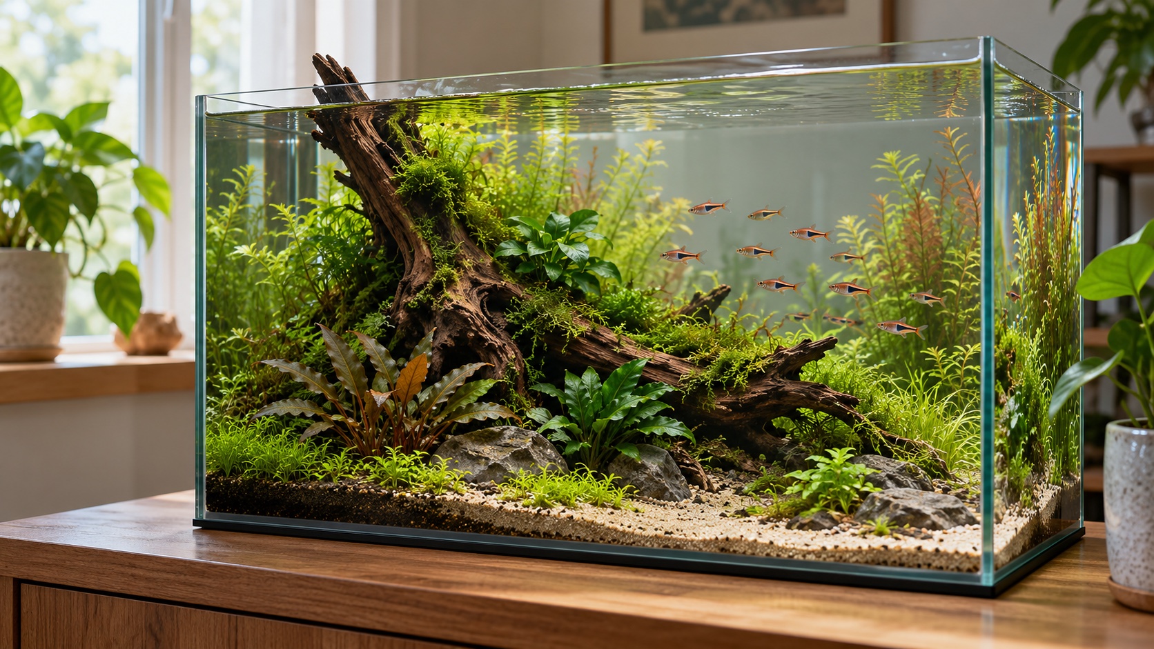 Beginner-friendly planted nature aquarium with branching driftwood, moss, rocks and schooling rasboras